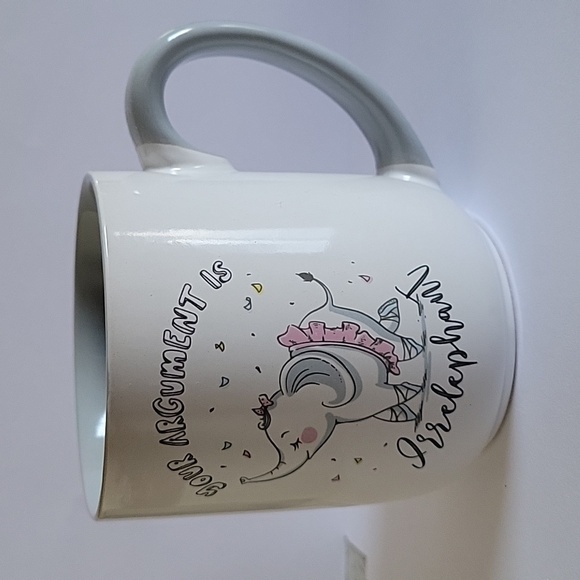 Sweet Elephant Mug. "Your argument is irrelephant". Colors gray and pink - Picture 1 of 9